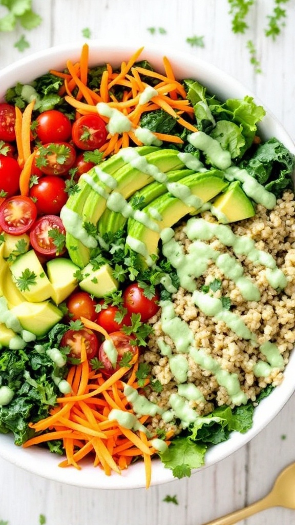 A colorful Buddha bowl with quinoa, kale, avocado, cherry tomatoes, cucumber, and carrots, topped with green goddess dressing.